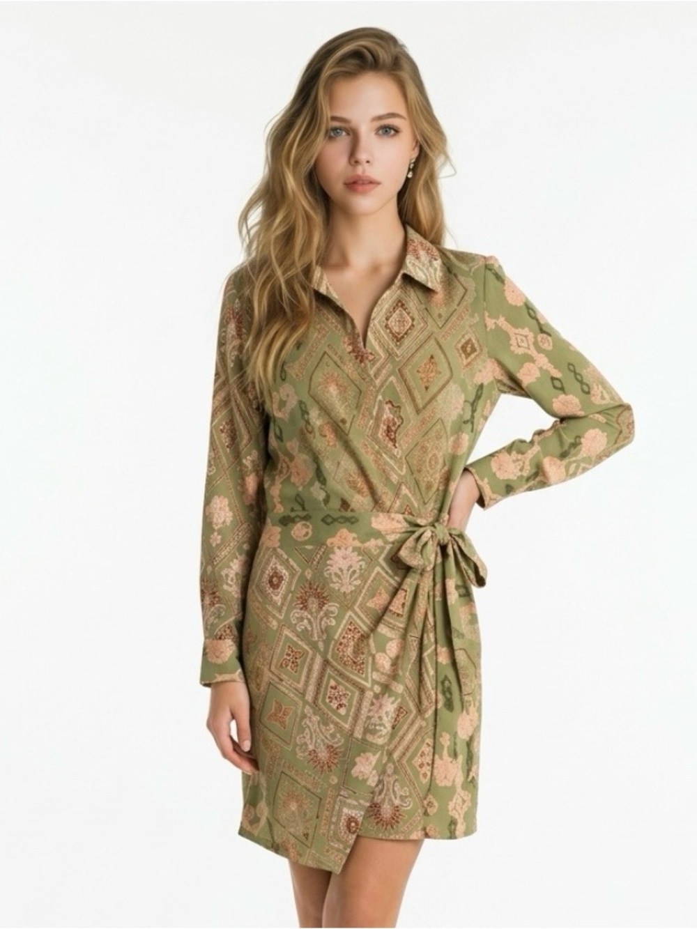 Rachel Zoe Olive Green Patterned Tie-Waist Long Sleeve Dress